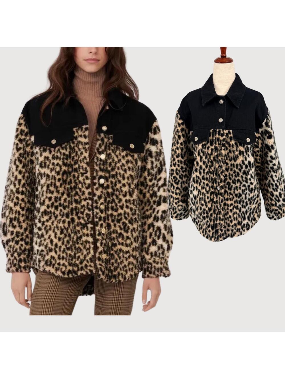 Maje Leopard Sherpa Denim Jacket Quilted Brown Black 1